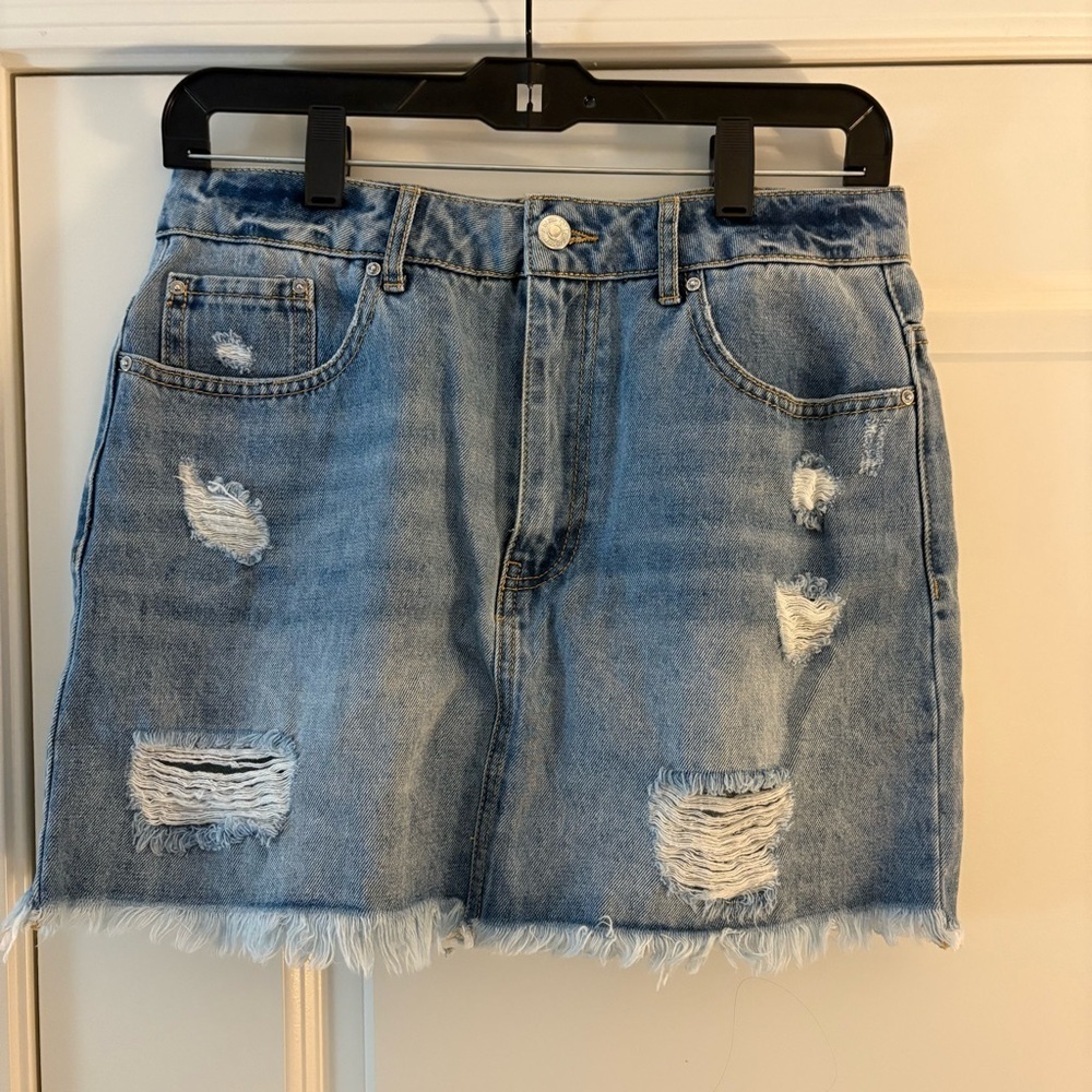 Denim Distressed Mini Skirt - Picture 2 of 7